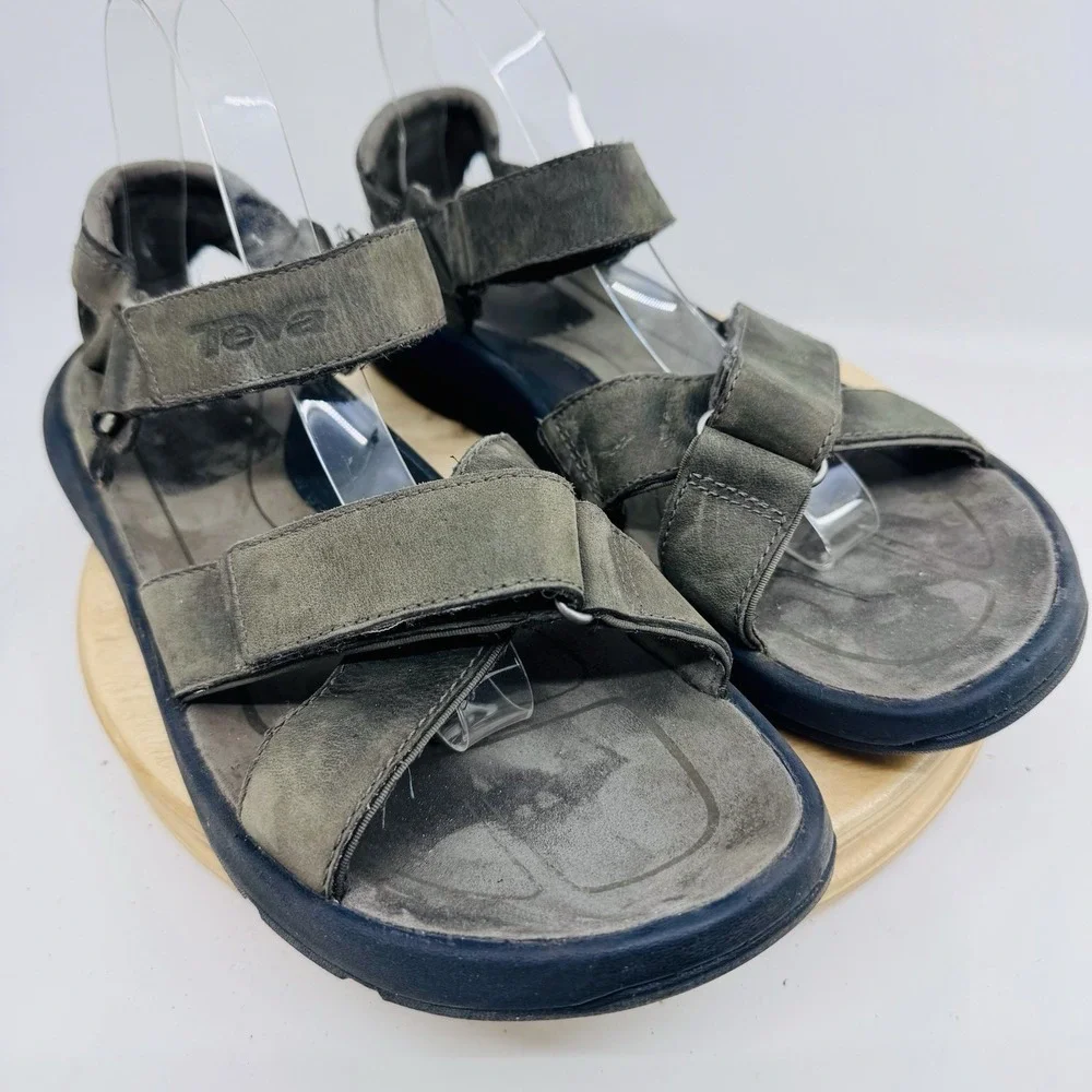 Teva Langdon Shoes Men's 9 Gray Leather Waterproof Hook Loop Sport Sandals